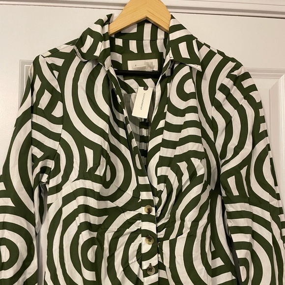 NWT By Anthropologie Long Sleeve Poplin Button Down green and white shirt dress - Picture 5 of 9